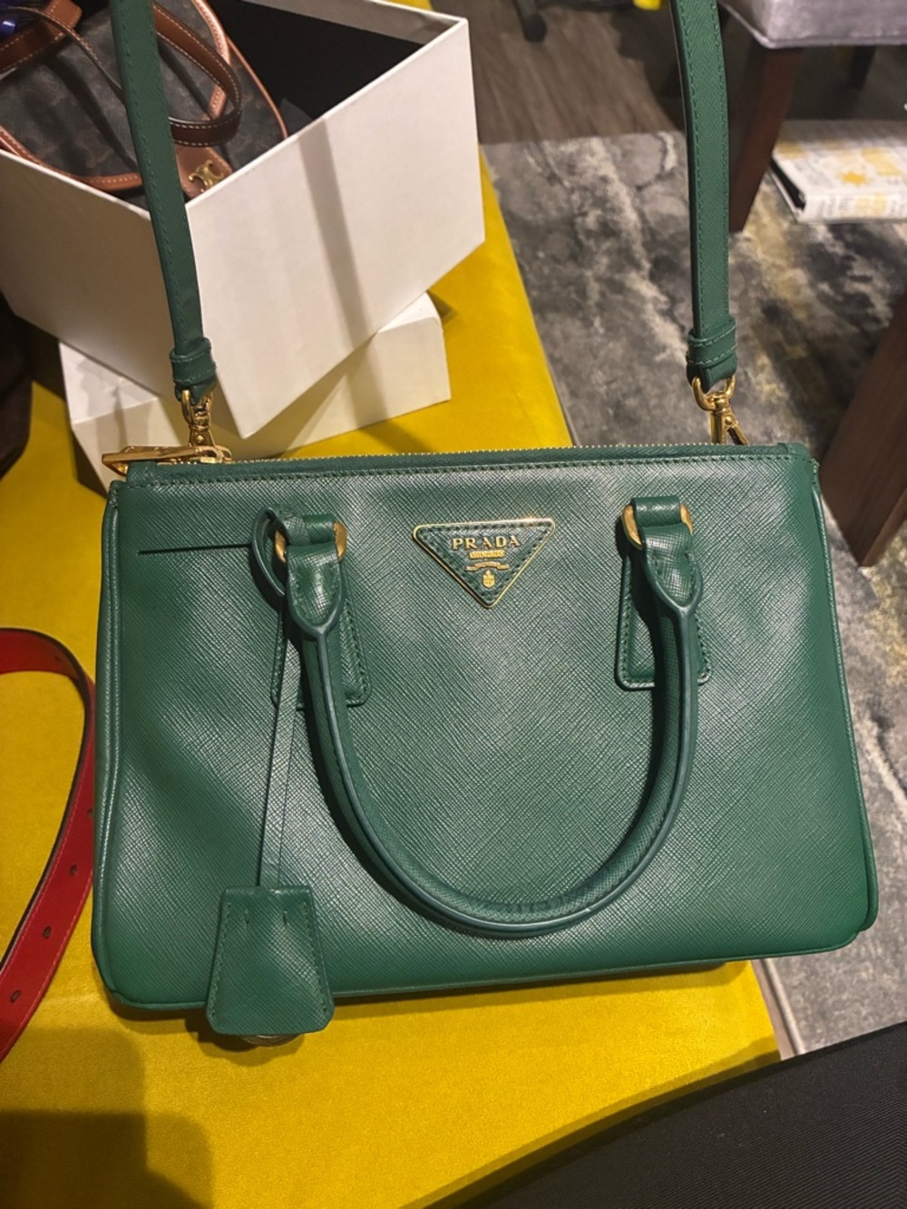 New w/o tags Prada Dark Green Saffiano Leather Satchel with Gold Hardware